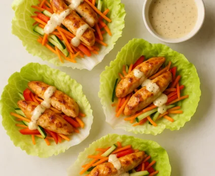 Wraps de laitue au poulet mariné, légumes râpés et vinaigrette légère