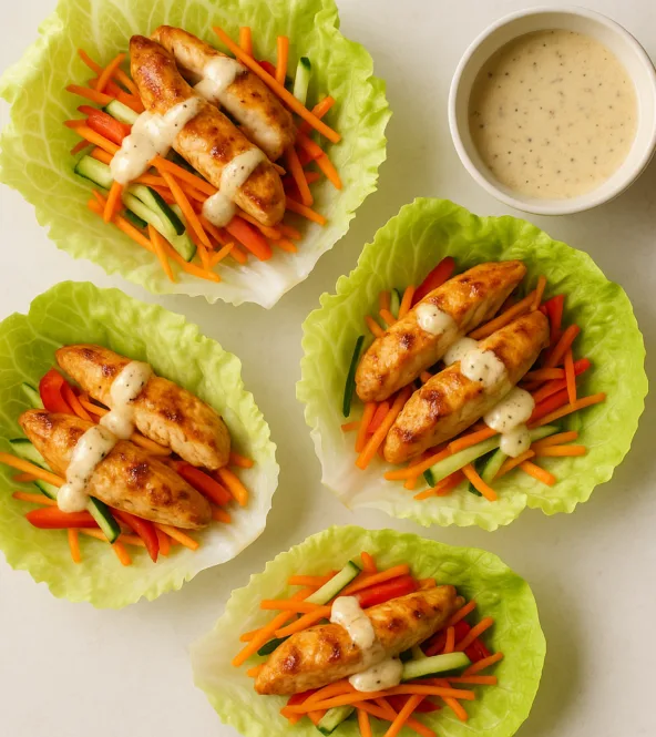 Wraps de laitue au poulet mariné, légumes râpés et vinaigrette légère
